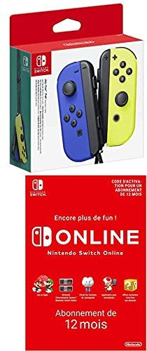 Paire de Manettes Joy-Con Gauche Bleue/Droite Jaune Néon + Nintendo Switch Online - USB, Abonnement 12 Mois (Code de téléchargement)