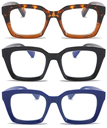 MMOWW 3-Pack Oversized Reading Glasses for Women - Anti Blue Light Glasses with Square Frame +2.0