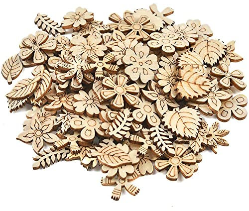 100 Stücke Holzblume und Blatt, Holz Basteln Verzierungen, Verschiedene Größen Formen DIY Holz Blumen, für Hochzeitsdekorationen, Christbaumschmuck, Personalisierte Projekte usw(Mischmuster)