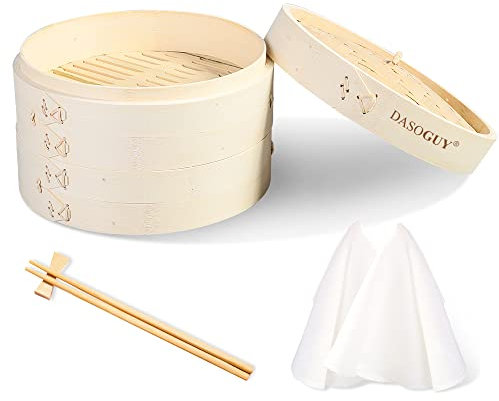 Dasoguy Premium 8 Inch Handmade Bamboo Steamer, 2 Tiers Steam Basket for Dumpling Dim Sum Bao Bun Rice Vegetables Meat & Fish Chinese Food, Includes 1 Set of Chopsticks & 2 Cotton Liners
