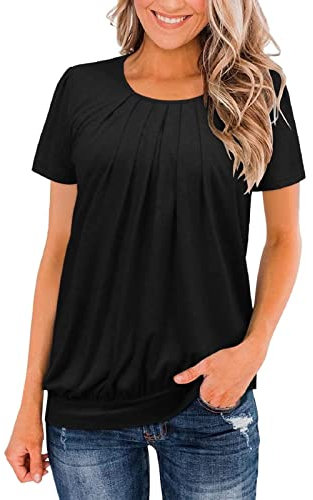 UK Stock Sale Party Wear Ruched Round Neck Blouse Tees for Women Solid Color Loose Short Sleeve Tops Summer Classic T-Shirt Loose Summer Tee Casual Pleated Ladies Henley Button up Tunic Shirts Black