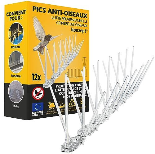 Konzept 11 - Vogelabwehr Spikes aus Kunststoff gegen Tauben, Katzen, Spatzen, Schwalben - Taubenabwehr für Balkon, Garten, Terasse - Vogelschreck 3-reihig, Set 12 STK.- Transparent