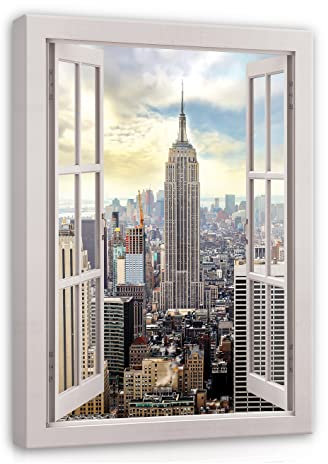 WallArena - Leinwand Bilder - Fensterbilck Fenster New York Stadt - 120x80 cm Leinwandbilder - Bild auf leinwand - Wandbild XXL groß Wandbilder für Wohnzimmer Schlafzimmer Wohnzimmerbilder Modern