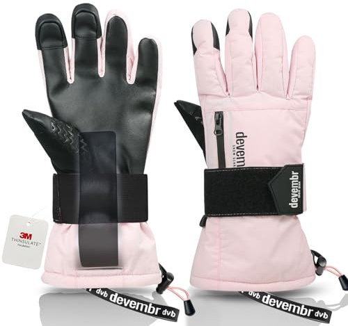 devembr Skihandschuhe mit Handgelenkschützern, Warme Snowboardhandschuhe für Herren und Damen, Rosa, XS