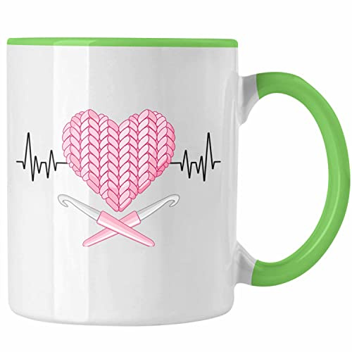 Trendation - Häkeln Stricken Herzschlag Tasse Geschenk für Oma Mutter Stricken Hobby Geschenkidee (Grün)