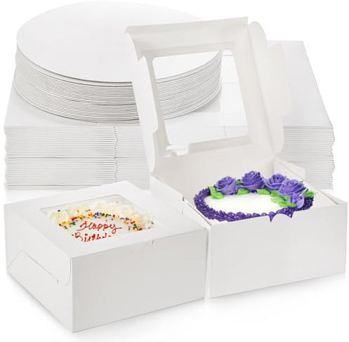 AVLA 20 Pack Cake Boxes with Window, 10 Inch Bakery Cake Boxes with Boards, Disposable Dessert Cake Container Carrier, White Pastry Pie Take Out Boxes for Wedding, Birthday Party, Easy Assembly