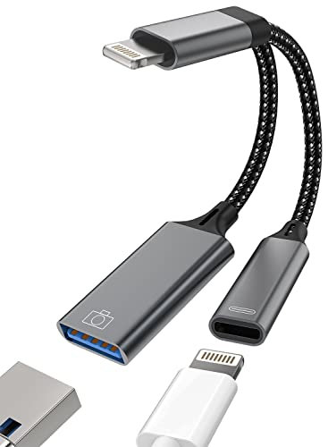 USB to Lightning Adapter Charger Cable Dongle(2in1)iPhone OTG Splitter for Apple 11 12 13 14 Pro 8Plus Ipad Certified Camera Stick Flash Drive Keyboard Mouse Memory Card Reader MIDI Charging Converter
