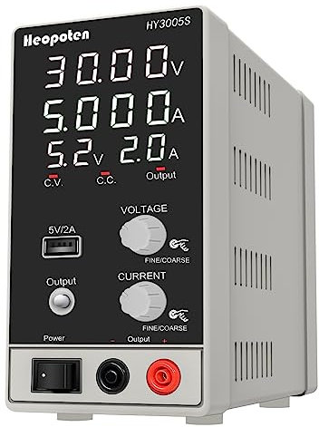 Labornetzteil HEOPOTEN 30V 5A DC Regelbar Netzgerät mit 4-stelliger LED-Vollanzeige der Spannungs- und Stromwerte, 5V2A USB-Ausgang, Alligatorkabeln und Netzkabel