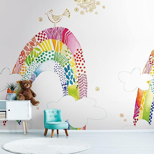 Livingwalls Vliestapete - Tapete Regenbogen in Weiß, Pink und Gelb - Wandtapete für verschiedene Räume - Wandbild XXL 2,80 m x 2,65 m