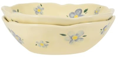 Koythin Salad Bowls Set of 2, Cute Blue Flower Ceramic Bowls, Cream Yellow Serving Bowl for Pasta, Cereal, Fruit, Soup, Rice, Dishwasher and Microwave Safe (Blue Flower Set of 2)