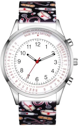 JewelryWe Schwesternuhr mit Pulsskala Silikon Uhren: Damen Analog Quarz Armbanduhr Frauen Schwarz Blumenmuster Silikon Armband Ärzte Krankenschwester Uhr mit Pulsberechnungsskala