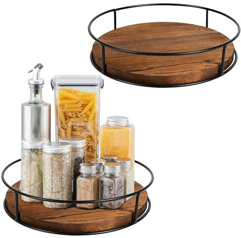 Jazlyvex Lazy Susan Drehteller Organizer, 2 Stück, Akazienholz, Wood Tone, Anti-Rutsch, Drehtablett für Kühlschrank & Küche