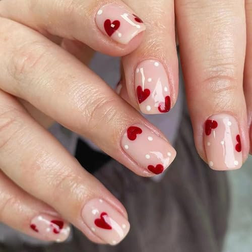 Handcess Valentine's False Nail Pink Heart Press on Nails Red Love Fake Nail Short Stick on Nail for Women and Girls 24Pcs