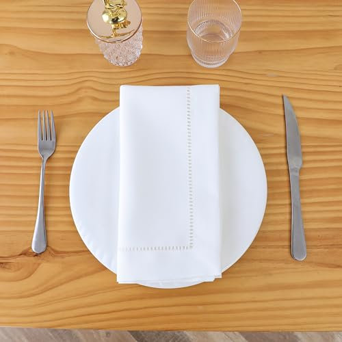 Majestic Giftware Set mit 12 Polyester-Servietten (NPK-HS), weißes Hohlsaum-Design, Dinner-Servietten, Leinenoptik, waschbar, Stoffservietten-Set für Hochzeiten, Bankette oder Restaurants (50,8 x 50,8