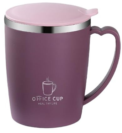EIOLWJIEO Taza de acero inoxidable con tapa a prueba de fugas, tamaño portátil y mango en forma de corazón, taza de acero inoxidable con mango en forma de corazón, Púrpura