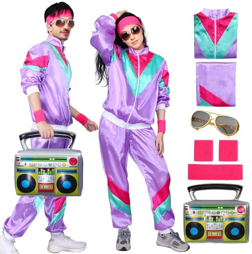 80er 90er Outfit Jahre Damen Herren Kostüm Retro Trainingsanzug Disco Verkleidung mit Stirnband Armbänder Kostüm für Halloween Karneval Party (Color 2, L)