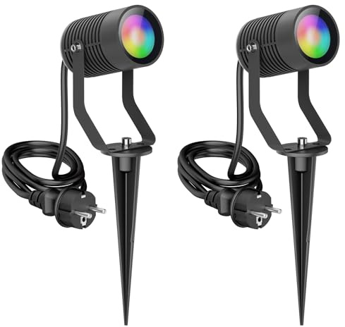 ledscom.de 2x Gartenstrahler SHINGA mit Erdspieß für außen, IP65, Stecker, anthrazit, inkl. GU10 RGB Lampe, smart, 473lm, warmweiß - kaltweiß