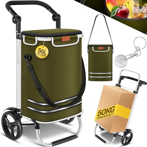 KESSER® Einkaufstrolley klappbar mit 56L Kapazität und belastbar bis 50kg | 3in1 Trolley Sackkarre & Umhängetasche | Faltbarer Einkaufswagen inkl. Kühlfach & Einkaufschip | Treppensteiger Khaki
