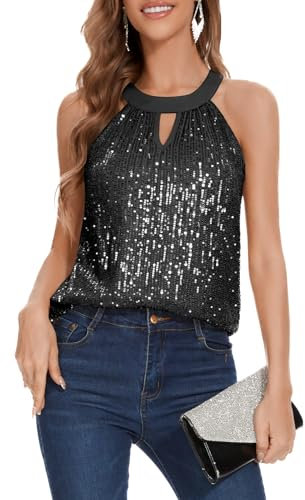 DRESSTELLS Glitzer Oberteile Damen Neckholder Top Pailletten Oberteil Schwarz Ärmellose Bluse Elegant Glitzertop Frauen Sommer Party Outfit Sexy Disco Tshirt Black S
