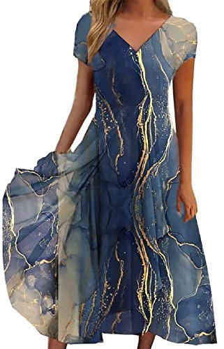 Robe de Soirée Cocktail Mariée Grande Taille - Robe d'Été Mi-Longue Fluide - Col V - Asymétrique - Bleu, L
