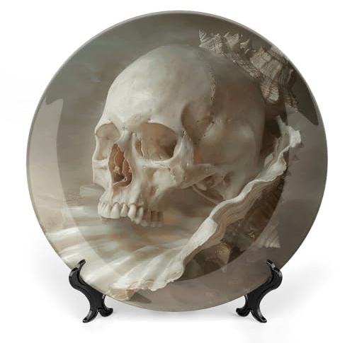 Dekorativer Teller aus Knochenporzellan mit Präsentationsständer, Keramik-Dekoteller mit Totenköpfen und Muscheln, Keramik-Ornament-Teller, Persönlichkeit, Keramik, Essteller, Basteln, dekorative