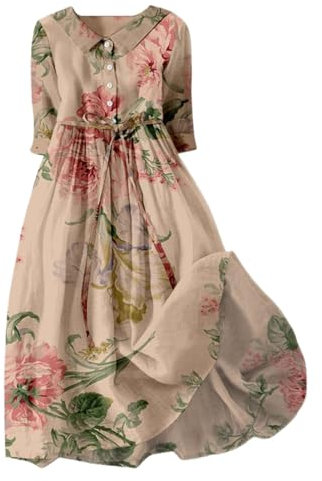 HOOUDO Boho Dresses for Women UK Retro Print Casual Dresses Scoop Neck Ladies Sun Dress Plus Size Loose Prom Bohemian Dresses Shirt Dresses Guy Fawkes Night Deals Navy