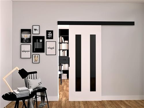 MINIO go for it - Schiebetüren 96 cm, Schiebetür Zimmertür PRIM H, Schiebetürsystem für Zimmer, Dekorative Elemente, Wandmontage, Türe Innen - Schwarz/Schwarzer Griff, Weiss/Schwarz
