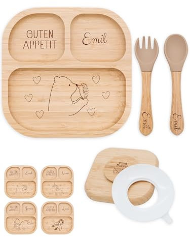 Bärenfreunde® - Personalisierter Teller Mit Saugnapf - Praktisches Beikost Zubehör Mit Namen - Baby Teller Rutschfest - Personalisierte Geschenke (Bär Und Igel)