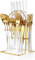 Set di stoviglie in argento, 24 pezzi, in acciaio inox, con supporto per stoviglie in argento, set di stoviglie per 6, set di posate bianche per cucina (bianco oro)