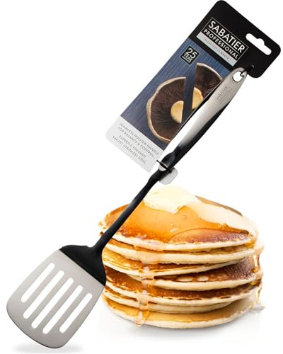 Sabatier Professional Large Metal Slotted Turner - Mirror Polished Stainless Steel. Strong Kitchen Cooking Utensil Tool. Flip and Serve Burgers, Eggs & Pancakes. 25 Year Guarantee, Dishwasher Safe