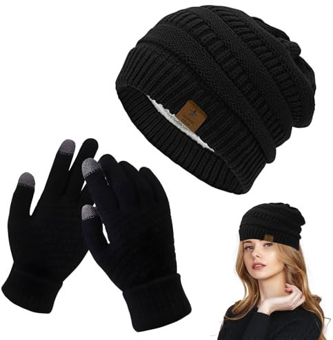 Bogoro Damen Mütze Winter Elegant,Mütze Damen Winter Strickmütze mit 1 Paar Handschuhe,Gefütterte und Gepolsterte Unisex-Mütze,Wintermütze Damen Warm,Beanie Mütze für Herren Damen für Kaltes Wetter