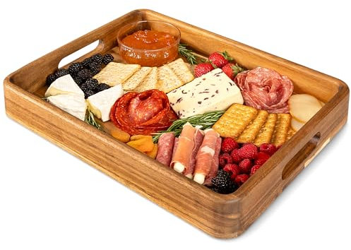 Bandejas de madera de acacia con asas para comer, aperitivos, alimentos, aperitivos o decoración del hogar, bandeja grande de madera para cama o bandeja de TV, accesorio decorativo otomano o mesa de