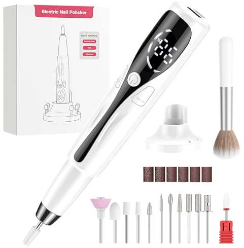 PKBD Professionelle tragbare Nagelbohrmaschine für Acryl- und Gelnägel, wiederaufladbares elektrisches Nagelfeilen-Set mit 11 Bits, Weiß
