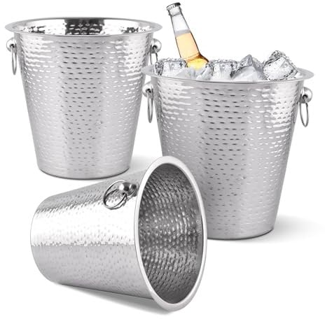 EVOKK Silver Wine Ice Bucket Stainless Hammered Steel Champagne Cooler with Handles Large Metal Ice Bucket for Wine Champagne and Beverages Premium Bar and Party Accessory-Pack of 3