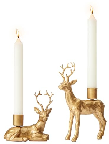 DN DECONATION Hirsch Kerzenständer Set 2er – Gold Kerzenhalter Hirsch mit Geweih für Tischdeko Weihnachten, Vintage Deko Elch Resin Figuren für Haus & Winterdeko Innen