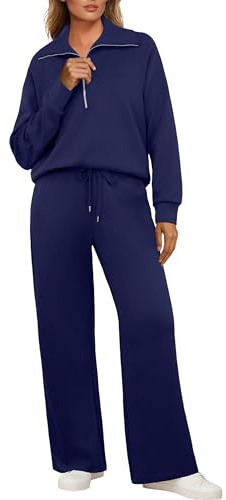 GRECERELLE Tracksuit Womens Full Set Autumn Lounge Wear Sets for Women Activewear Two Piece Outfits Long Sleeve Half Zip Casual Pullover Tops and Jogging Bottoms with Pockets (Navy Blue, L)