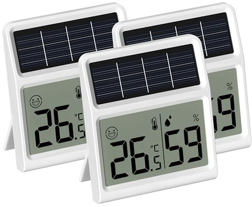 Solar Thermometer Hygrometer innen, Betrieben durch Raumlicht Digitales Raumthermometer, Funktioniert nur bei lichteinwirkung - Weiß 3er-Pack