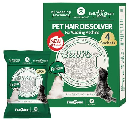 FURGONE Pet Hair Dissolver Washing Machine Cleaner Powder, 4 Sachets | Cleans pet bedding and washer tubs to remove pet hair, odors and residue. Designed for dog and cat homes