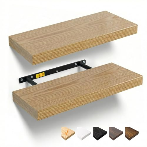 RICHER HOUSE Eiche Wandregale, 40 x 23,5 x 3,8cm Wandboard MDF Holz,2er-Set | Holzregal Wand mit unsichtbaren Halterungen, Schweberegal für Schlafzimmer, Wohnzimmer, Badezimmer, Küche, Waschküche, Büro