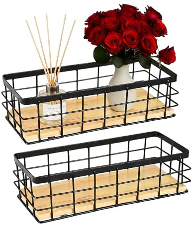 Hynorian Drahtkorb Schwarz 2er Set, Metallkorb mit Holzboden als Aufbewahrungskorb und Wandkorb, vielseitige Hängeaufbewahrung für Küche, Bad, Wohnzimmer und Arbeitsbereich