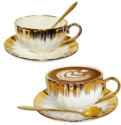 Keramik Kaffeetassen Set mit Goldrand,250ml,2er-Set,Elegante Teetasse mit Untertasse&Löffel,Kaffeegedeck/Teegedeck mit Goldrand Wellenrand,für Cappuccino Latte Macchiato Espresso,Moderne Kaffeetassen