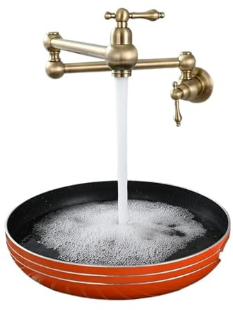 YVAAASIYC Rubinetto riempipentole in Ottone, Montato a Parete sopra Il Rubinetto dell'Acqua del fornello, 2 Maniglie, rubinetti riempipentole Pieghevoli ed estensibili, Rubinetto(Antique Brass)