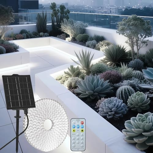 Gaoxun Solar LED Strip Außen, 10m 640 LED Outdoor Streifen IP68 Wasserdicht mit Fernbedienung, Dimmbar, 8 Modi, Flexibel LED Leiste für Zaun, Veranda, Garten, Terrasse, Balkon, Pavillon Deko, Kaltweiß