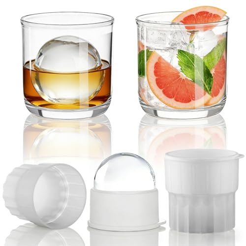 Berglander Whiskey Glasses Set of 4 (2 Bourbon Glasses, 2 Big Ice Ball Molds) 340ml Reusable PET Clear Plastic Old Fashioned Glasses for Scotch Cocktail Cognac Vodka Liquor Cold Drink, Gifts for Men