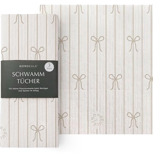 NORDEULE® Schwammtücher gestreift Beige 3 STÜCK | Reinigungstücher im nordischen Design | für Glanzmomente im Alltag oder als Geschenk zu Weihnachten Ostern (Schleifen)