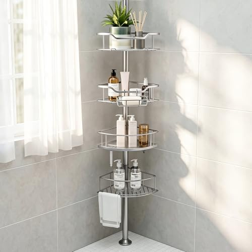 Purejoy Teleskop Duschregal ohne Bohren Silbergrau, höhenverstellbares Eckregal für Dusche & Badezimmer, rostfreie Duschablage mit 4 Körben (Silbergrau, 81–312 cm, Dreieckig)
