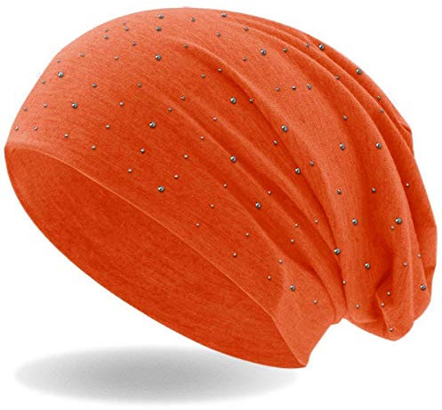 Hatstar Damen Beanie Mütze | mit edler Strass Nieten Applikation | Mädchen Mütze | elastisches Slouch Long Beanie | leicht und weich (neon orange)