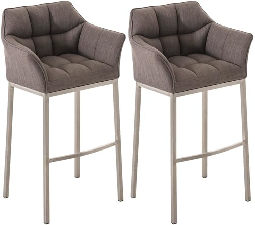CLP Barhocker 2er Set mit Lehne Damaso, Barstühle gepolstert mit Stoffbezug, Vierfußgestelle aus Metall, Tresenhocker bis 240 kg belastbar, Farbe:grau, Gestell Farbe:Edelstahl