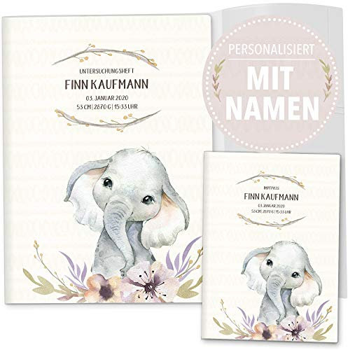 OLGS U-Heft und Impfpass Hülle 3-teilig Wildnis Safari Tiere | Untersuchungsheft- und Impfpasshüllen personalisierbar mit Namen (Uhefthülle, Impfpasshülle personalisiert, Elefant)