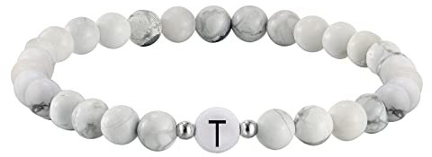 Kim Johanson Partner Perlenarmband mit Buchstabe aus Howlith Stein für Pärchen I Naturstein Freundschaftsarmband in Weiß I Geschenk für Paare mit Gravur I Für Frauen und Männer inkl. Schmuckbeutel (T)